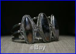 Beautiful Vintage Harvey Era Navajo Sterling Silver Petrified Wood Cuff Bracelet