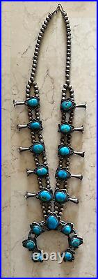 Beautiful Vintage Native American Turquoise Silver Squash Blossom Necklace