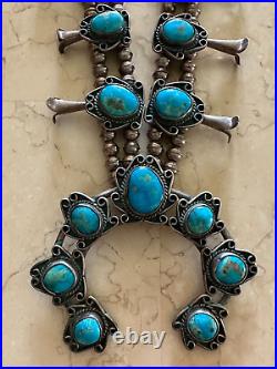 Beautiful Vintage Native American Turquoise Silver Squash Blossom Necklace