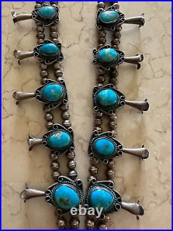 Beautiful Vintage Native American Turquoise Silver Squash Blossom Necklace