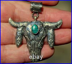Beautiful Vintage Navajo Sterling Silver & Turquoise Stone COW STEER Pendant