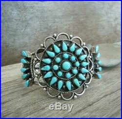 Beautiful Vintage Turquoise + Sterling Silver Cluster Cuff Bracelet 34.3g Zuni