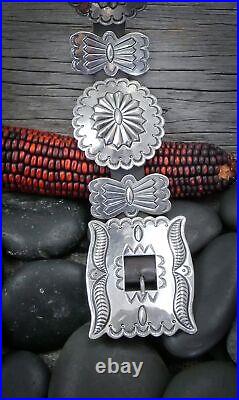 Big Vintage Native American Navajo Sterling Silver Leather Concho Belt