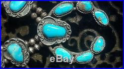 Blue Gem Turquoise Vintage Squash Blossom Necklace Jewelry Art, Signed Wolf