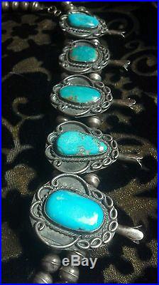 Blue Gem Turquoise Vintage Squash Blossom Necklace Jewelry Art, Signed Wolf