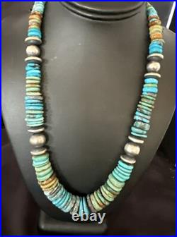 Blue Green Turquoise Navajo Sterling Silver Necklace 21 16960