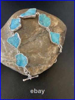 Blue Kingman Turquoise Rough Navajo Sterling Silver Link Bracelet 8 11648