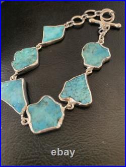 Blue Kingman Turquoise Rough Navajo Sterling Silver Link Bracelet 8 11648