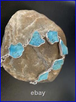 Blue Kingman Turquoise Rough Navajo Sterling Silver Link Bracelet 8 11648