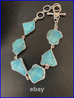 Blue Kingman Turquoise Rough Navajo Sterling Silver Link Bracelet 8 11648
