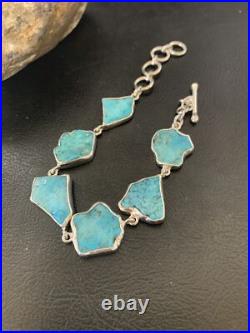 Blue Kingman Turquoise Rough Navajo Sterling Silver Link Bracelet 8 11648
