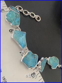 Blue Kingman Turquoise Rough Navajo Sterling Silver Link Bracelet 8 11648