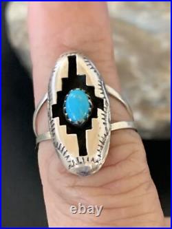 Blue Kingman Turquoise Shadowbox Navajo Sterling Silver Ring Size 6 12457