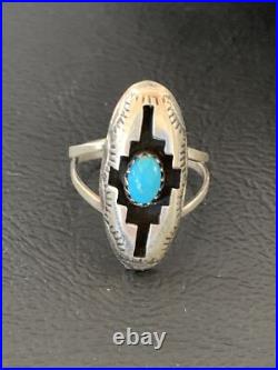 Blue Kingman Turquoise Shadowbox Navajo Sterling Silver Ring Size 6 12457