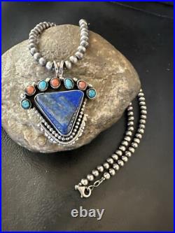 Blue Lapis Cluster Pendant Navajo Sterling Silver Beads Necklace 20 18753
