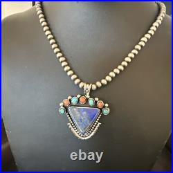 Blue Lapis Cluster Pendant Navajo Sterling Silver Beads Necklace 20 18753