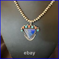 Blue Lapis Cluster Pendant Navajo Sterling Silver Beads Necklace 20 18753