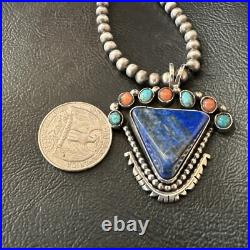Blue Lapis Cluster Pendant Navajo Sterling Silver Beads Necklace 20 18753