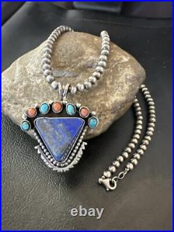 Blue Lapis Cluster Pendant Navajo Sterling Silver Beads Necklace 20 18753