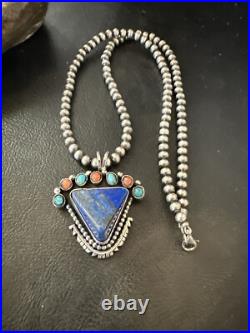 Blue Lapis Cluster Pendant Navajo Sterling Silver Beads Necklace 20 18753