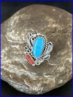 Blue Turquoise Coral Navajo Sterling Silver Cluster Pinky Ring Sz 8.5 20201