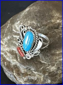 Blue Turquoise Coral Navajo Sterling Silver Cluster Pinky Ring Sz 8.5 20201