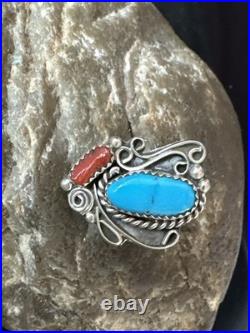 Blue Turquoise Coral Navajo Sterling Silver Cluster Pinky Ring Sz 8.5 20201