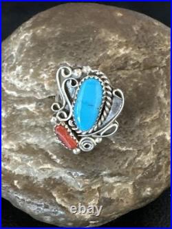 Blue Turquoise Coral Navajo Sterling Silver Cluster Pinky Ring Sz 8.5 20201