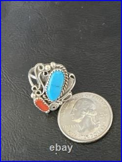 Blue Turquoise Coral Navajo Sterling Silver Cluster Pinky Ring Sz 8.5 20201
