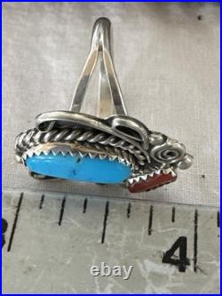 Blue Turquoise Coral Navajo Sterling Silver Cluster Pinky Ring Sz 8.5 20201
