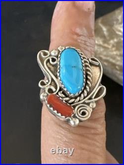 Blue Turquoise Coral Navajo Sterling Silver Cluster Pinky Ring Sz 8.5 20201