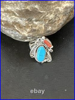 Blue Turquoise Coral Navajo Sterling Silver Cluster Pinky Ring Sz 8.5 20201