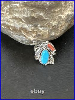 Blue Turquoise Coral Navajo Sterling Silver Cluster Pinky Ring Sz 8.5 20201