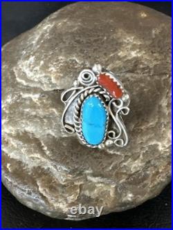 Blue Turquoise Coral Navajo Sterling Silver Cluster Pinky Ring Sz 8.5 20201