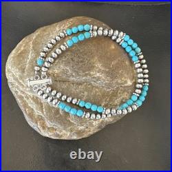 Blue Turquoise Faceted Bead Navajo Sterling Silver Beads Bracelet 7.5 18999