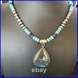 Blue Turquoise Jasper Pendant Lapis Navajo Pearls Sterling Silver Necklace 16928