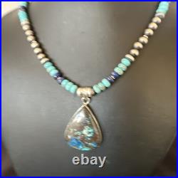 Blue Turquoise Jasper Pendant Lapis Navajo Pearls Sterling Silver Necklace 16928