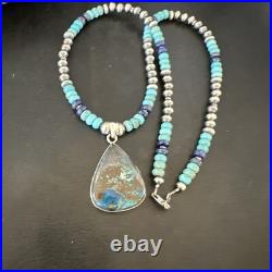 Blue Turquoise Jasper Pendant Lapis Navajo Pearls Sterling Silver Necklace 16928