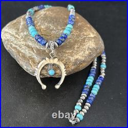 Blue Turquoise Lapis Naja Pendant Navajo Pearls Sterling Silver Necklace 14638