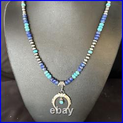 Blue Turquoise Lapis Naja Pendant Navajo Pearls Sterling Silver Necklace 14638