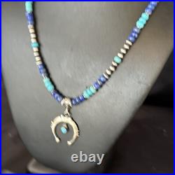 Blue Turquoise Lapis Naja Pendant Navajo Pearls Sterling Silver Necklace 14638
