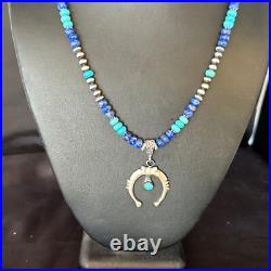 Blue Turquoise Lapis Naja Pendant Navajo Pearls Sterling Silver Necklace 14638