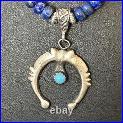 Blue Turquoise Lapis Naja Pendant Navajo Pearls Sterling Silver Necklace 14638