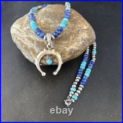 Blue Turquoise Lapis Naja Pendant Navajo Pearls Sterling Silver Necklace 14638