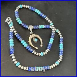 Blue Turquoise Lapis Naja Pendant Navajo Pearls Sterling Silver Necklace 14638