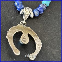 Blue Turquoise Lapis Naja Pendant Navajo Pearls Sterling Silver Necklace 14638