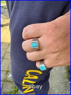 Blue Turquoise Mens Real Solid 925 Silver Navajo Native American Inspired Ring
