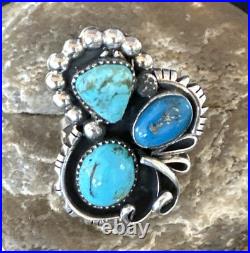 Blue Turquoise Navajo Sterling Silver Cluster Ring Size 8.5 14837