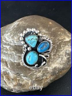 Blue Turquoise Navajo Sterling Silver Cluster Ring Size 8.5 14837