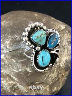 Blue Turquoise Navajo Sterling Silver Cluster Ring Size 8.5 14837
